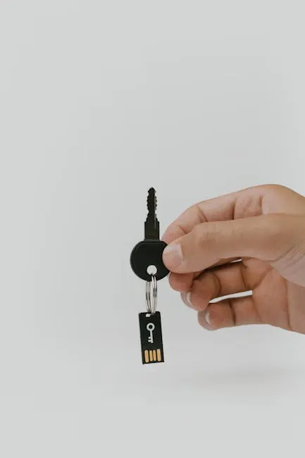 Close-up of a hand holding a key and USB with copyspace.