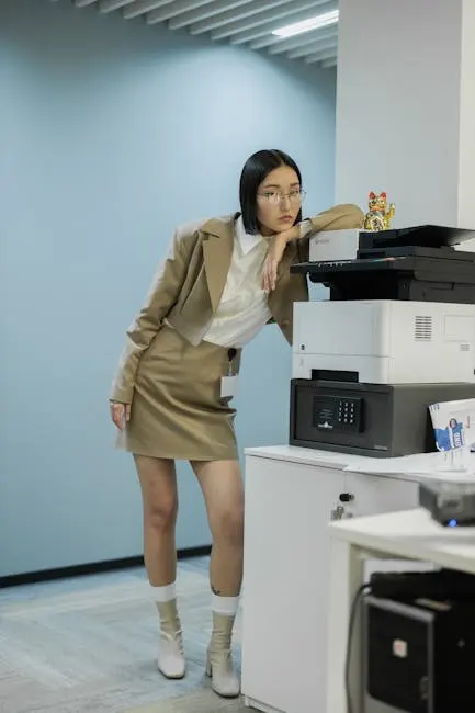 Asian woman in business attire leans on printer at work office, reflecting modern office lifestyle.
